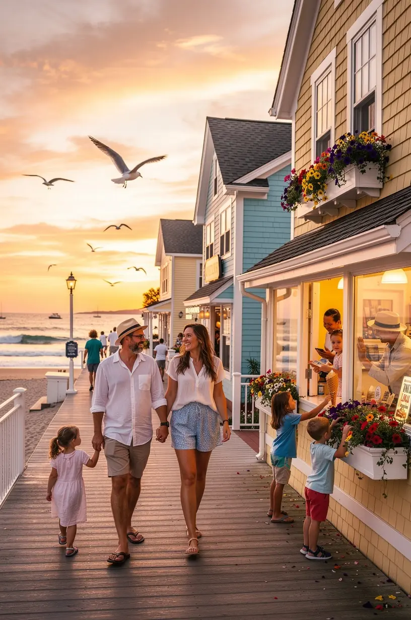 Colorful beach town street with local restaurants and outdoor seating under clear skies.